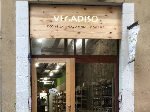  Rotulo de madera, logotipo en letra corpórea, retroiluminado. Vegadisio venta de productos veganos 